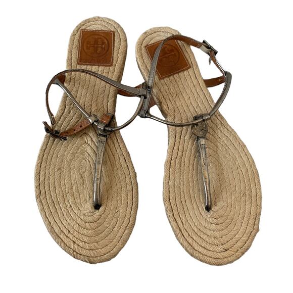 Tory Burch Adjustable Silver Jute Strappy Sandals Size 8 - Picture 1 of 7